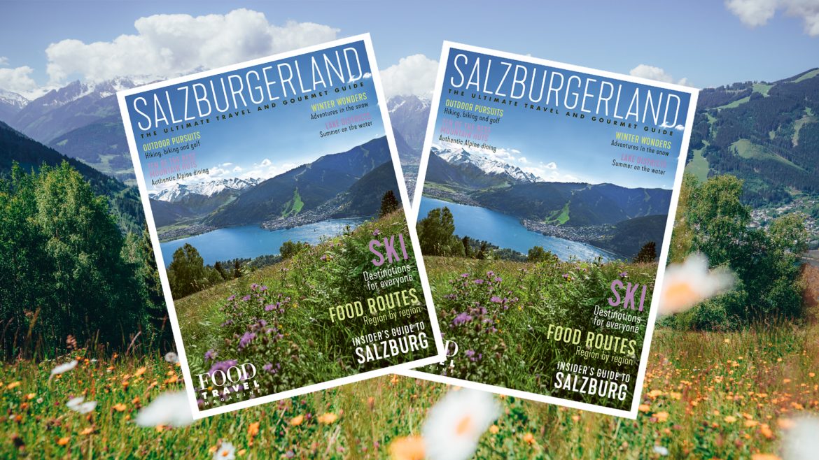 Zwei Zeitschriften mit einer malerischen Berg- und Seeansicht auf dem Titelblatt, vor dem Hintergrund derselben realen Landschaft.