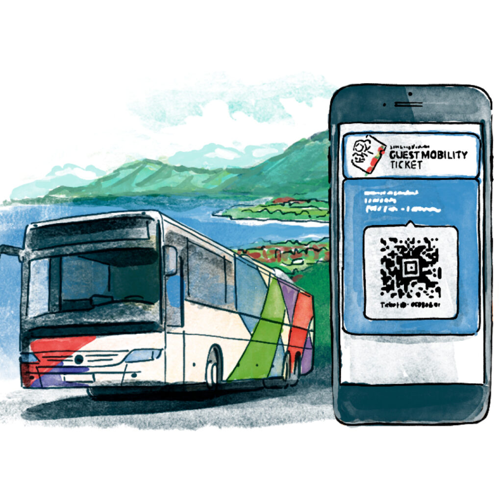 Illustration eines Busses an einem malerischen See und Hügeln, neben einem Smartphone, das ein digitales Ticket mit einem QR-Code anzeigt.