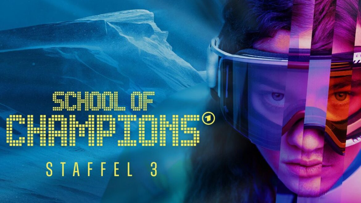 Bild im Split-Screen-Format, das einen Berg und eine Person mit Skibrille zeigt, mit dem Text: „School of Champions Staffel 3“.