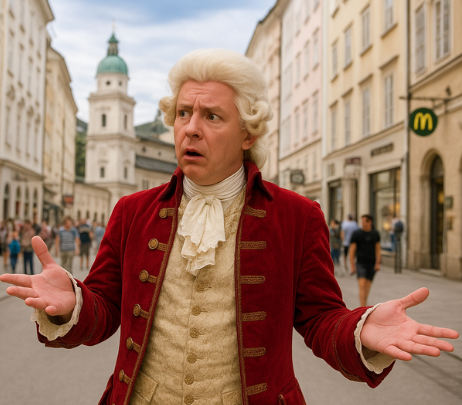 Ein Mann in Kleidung aus dem 18. Jahrhundert blickt überrascht auf eine europäische Straße mit historischen Gebäuden.