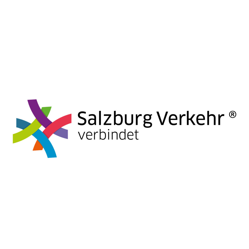 Das Logo von „Salzburg Verkehr“ mit bunten, ineinander verwobenen Linien und dem Schriftzug „Salzburg Verkehr verbindet“ auf weißem Hintergrund.