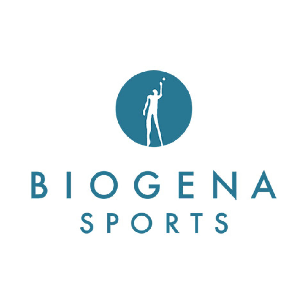 Blaues BIOGENA SPORTS-Logo mit der Silhouette einer Person, die einen Arm hebt, in einem Kreis über dem Text.