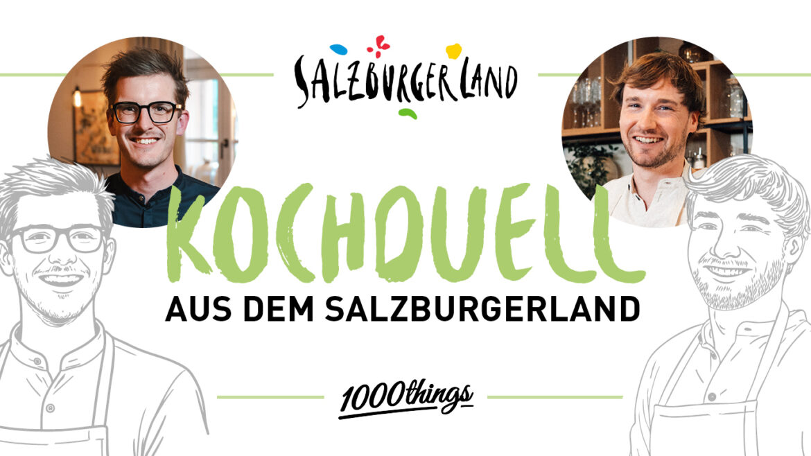 Zwei lächelnde Männer mit Brille, Text "Kochduell aus dem Salzburgerland" und illustrierte Umrisse des Kochs.