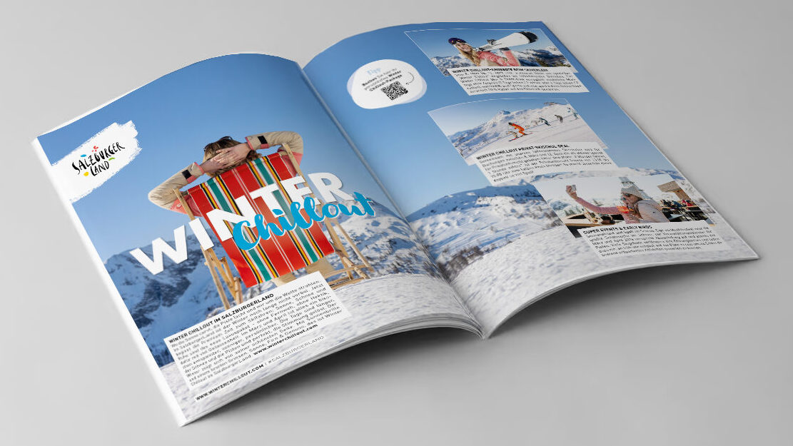 Doppelseite aus einem Magazin, auf der Menschen zu sehen sind, die Wintersport betreiben und sich in einer verschneiten Berglandschaft unter blauem Himmel entspannen.